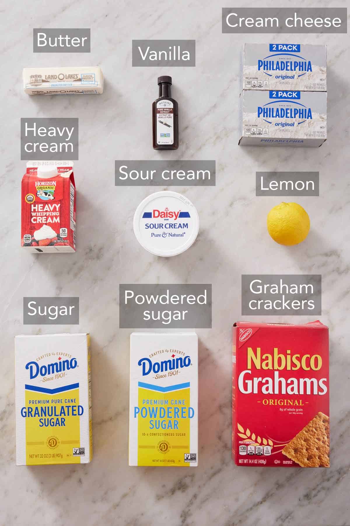 Ingredients needed to make no bake cheesecake.