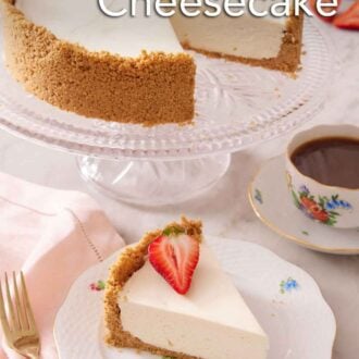 Pinterest graphic of a plate with a slice of no bake cheesecake with a piece of strawberry on top with a cake stand with the rest of the cake.
