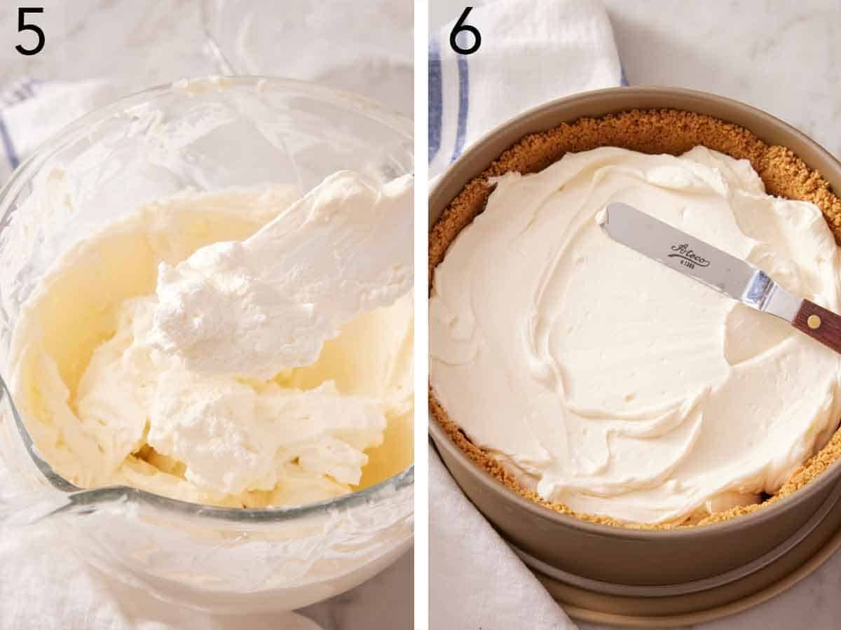 Set of two photos showing the whipped mixture added to the mixer and then the mixer spread into the graham cracker crust.