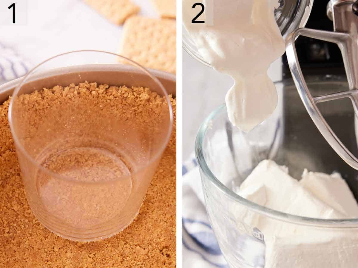 Set of two photos showing graham cracker crust formed and sour cream added to a mixer.