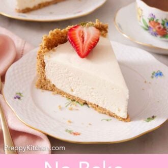 Pinterest graphic of a slice of no bake cheesecake on a plate with a cup of coffee and second slice in the background.