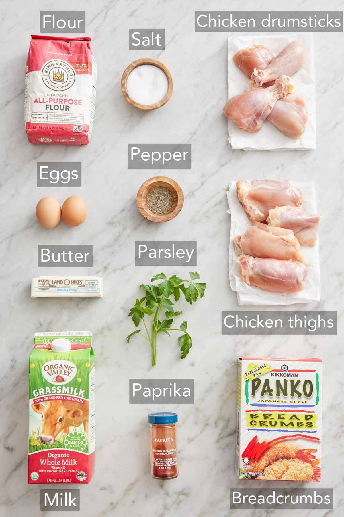 Ingredients needed to make oven fried chicken.