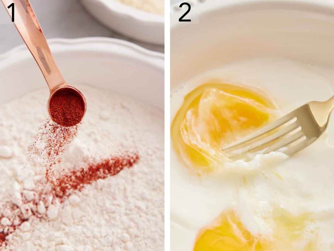 Set of two photos showing flour being seasoned and eggs whisked.