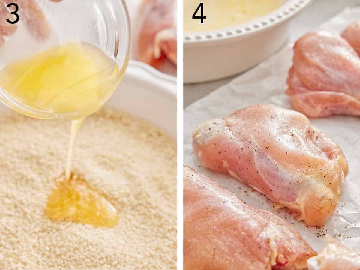 Set of two photos showing butter added to bread crumbs and chicken seasoned.
