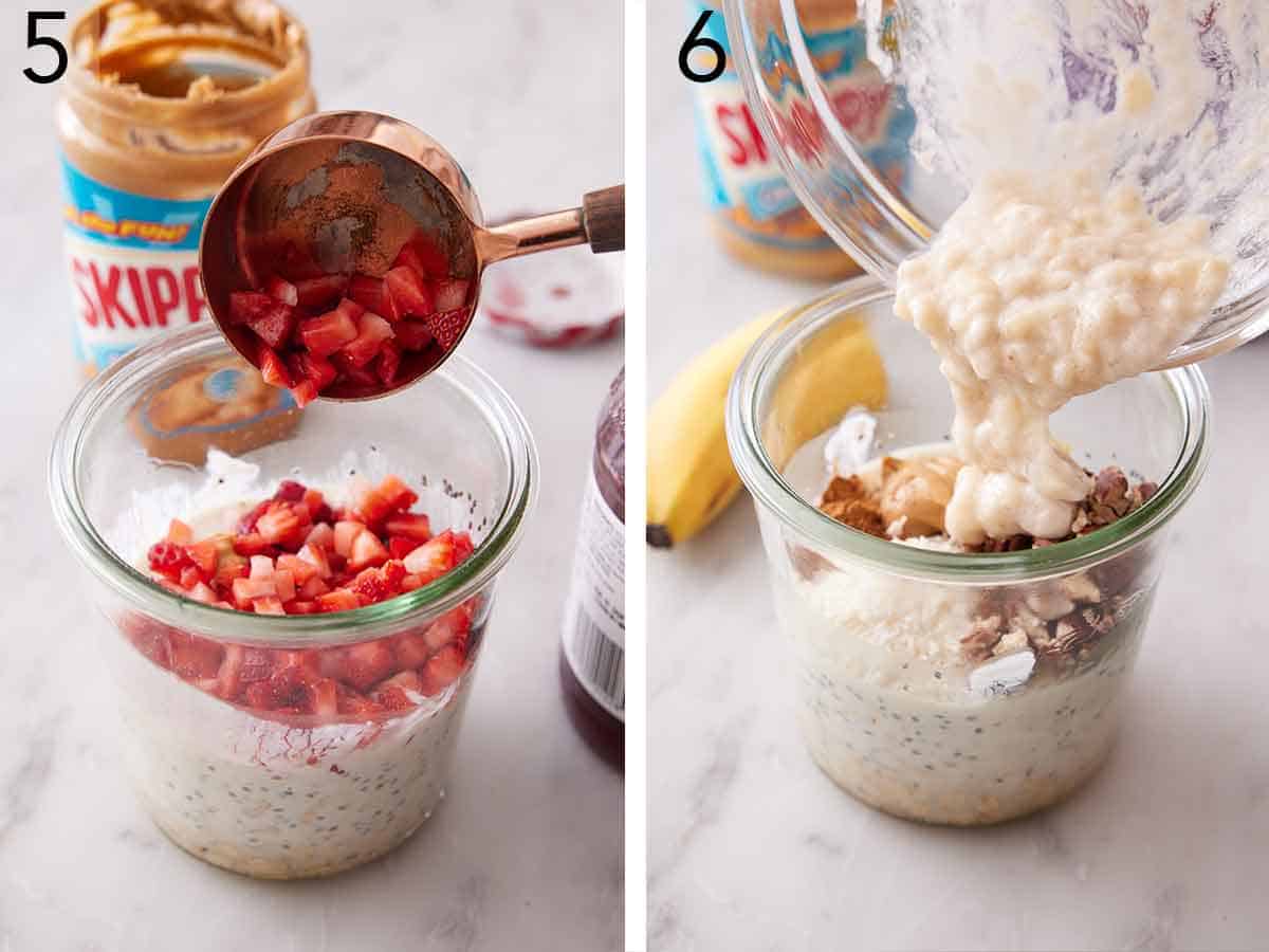 Set of two photos showing chopped strawberries added to a jar and mashed bananas added to another.