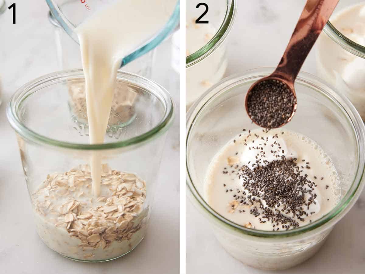 Set of two photos showing milk added to a glass of rolled oats and topped with chia seeds.