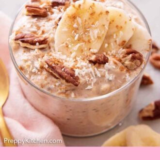 Pinterest graphic of a jar of overnight oats topped with bananas, pecans, and shredded coconut.