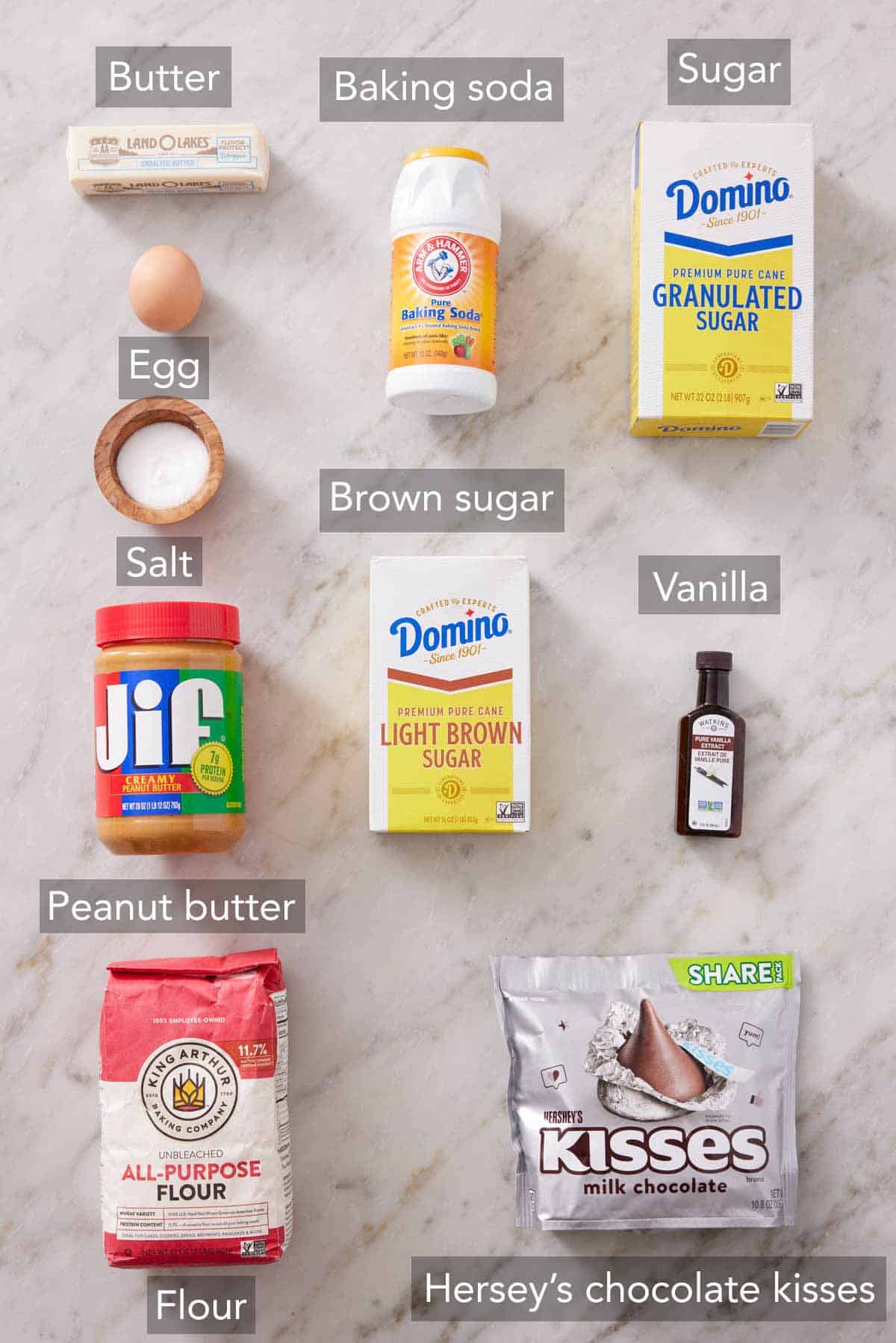 Ingredients needed to make peanut butter blossoms.