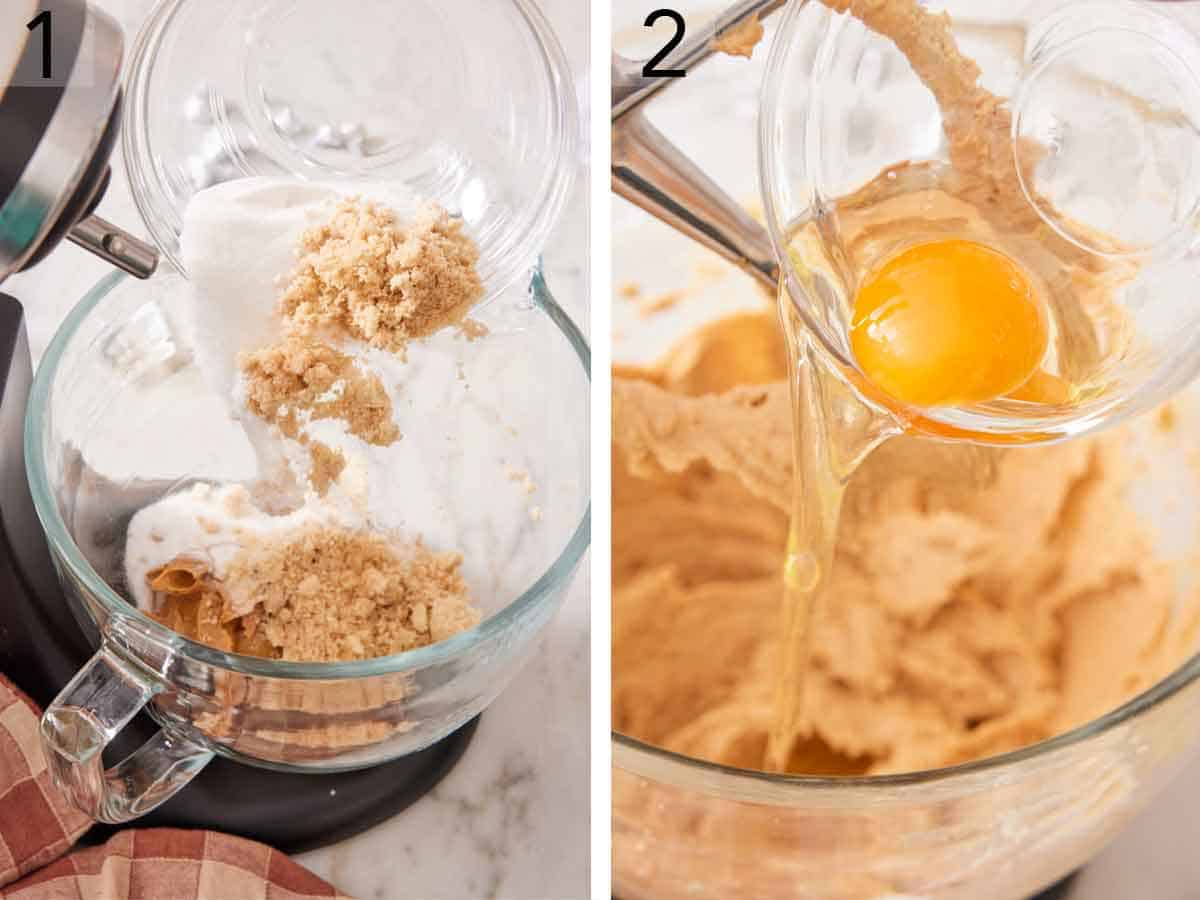 Set of two photos showing sugars added to a mixer and combined before an egg is added in.
