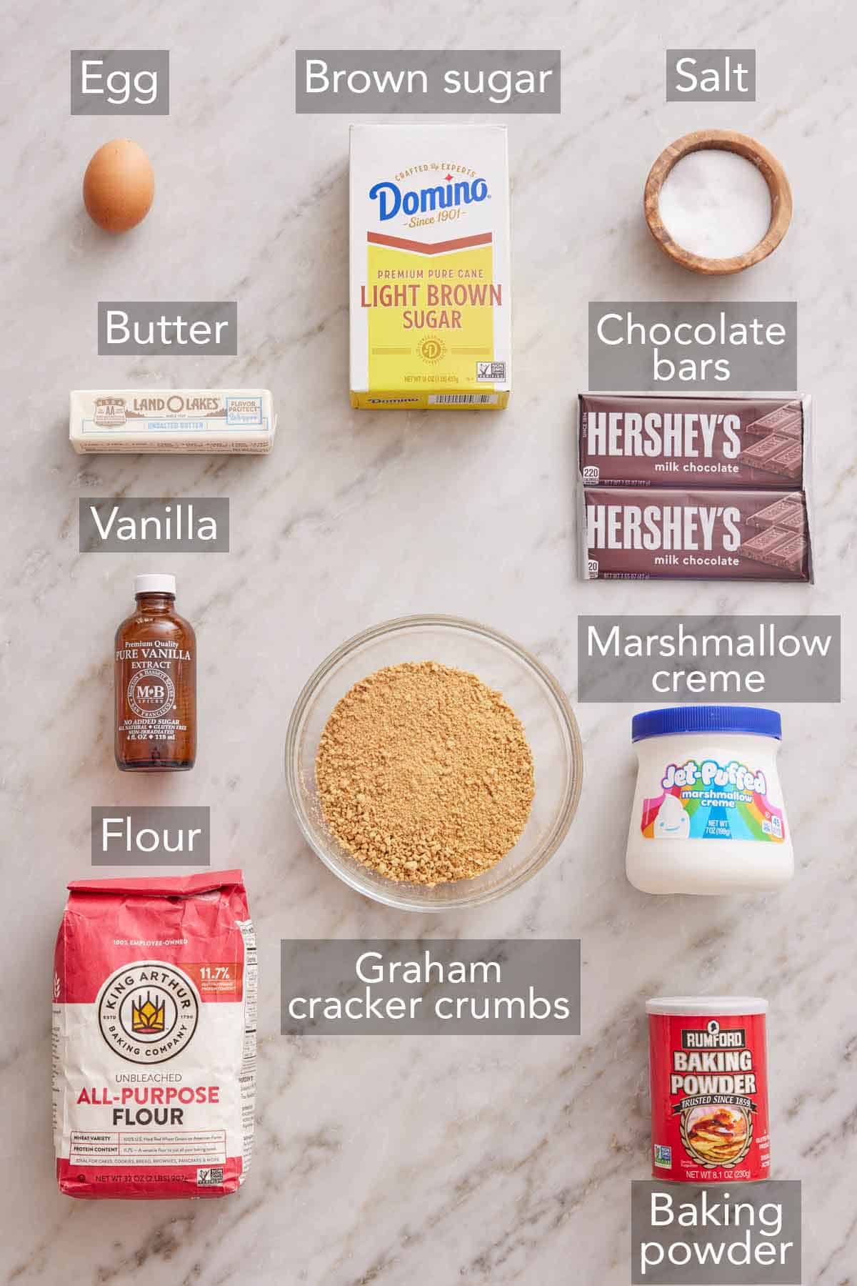 Ingredients needed to make s'mores bars.