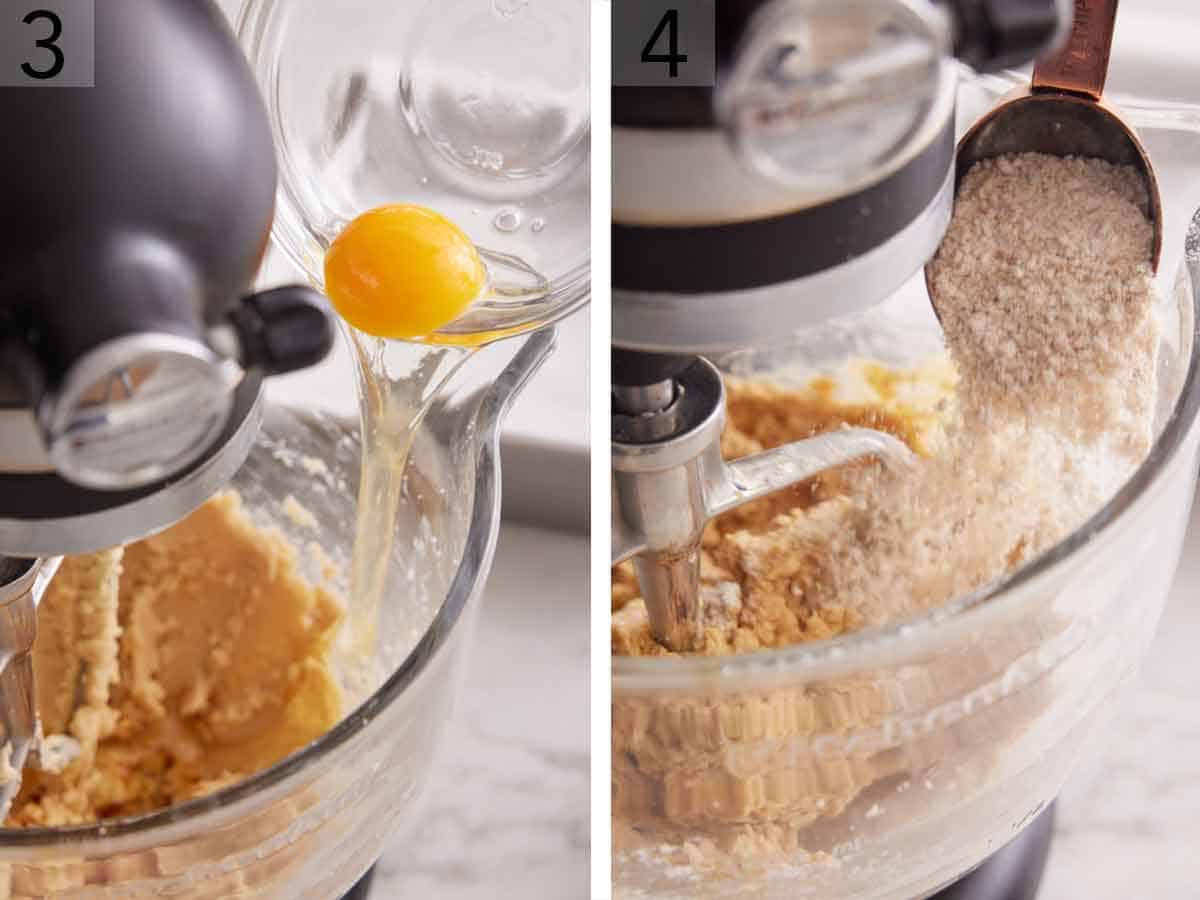 Set of two photos showing egg and flour mixer added to a running mixer.