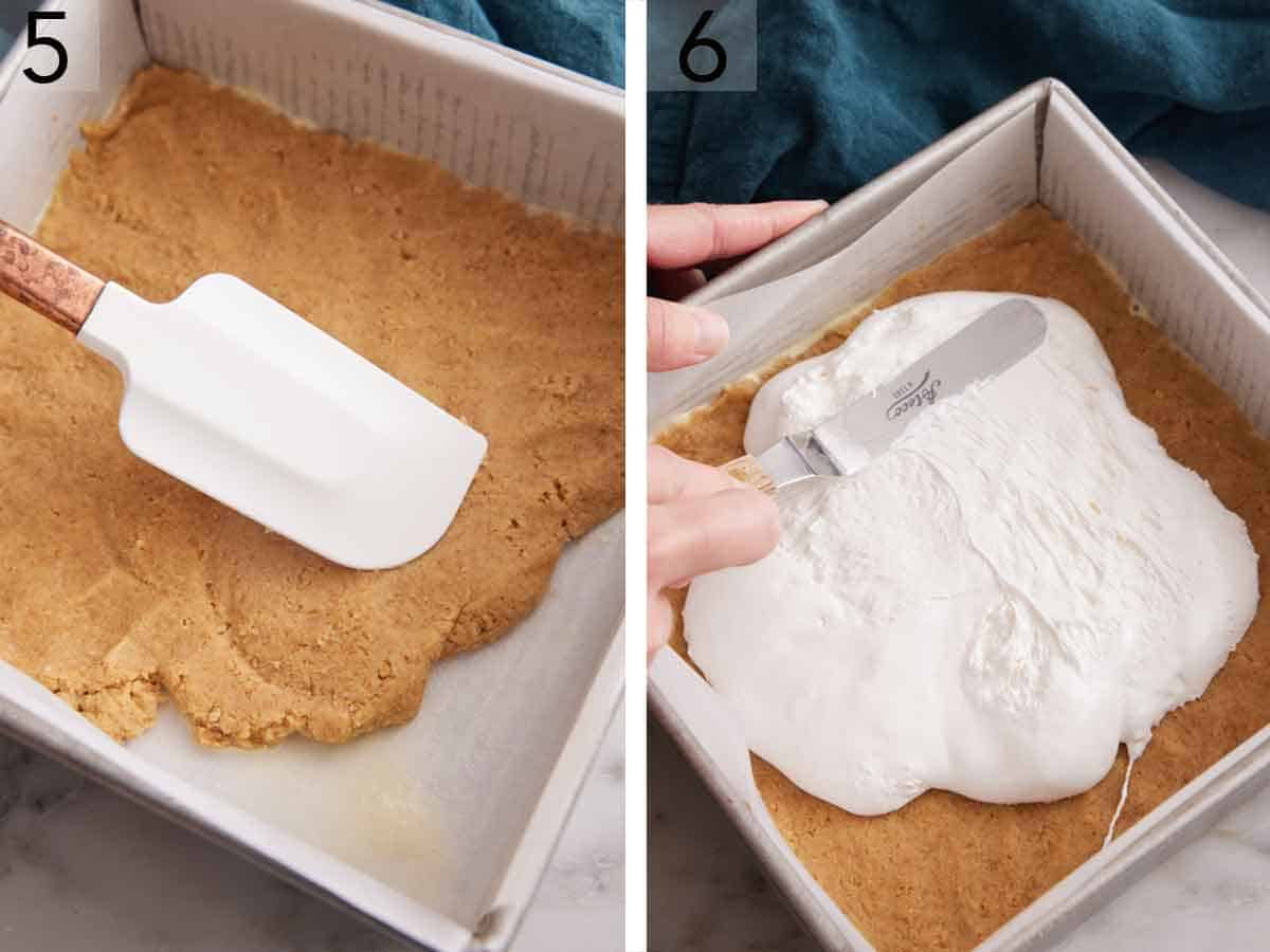 Set of two photos showing dough mixer spread into a lined baking pan and topped with marshmallow creme.