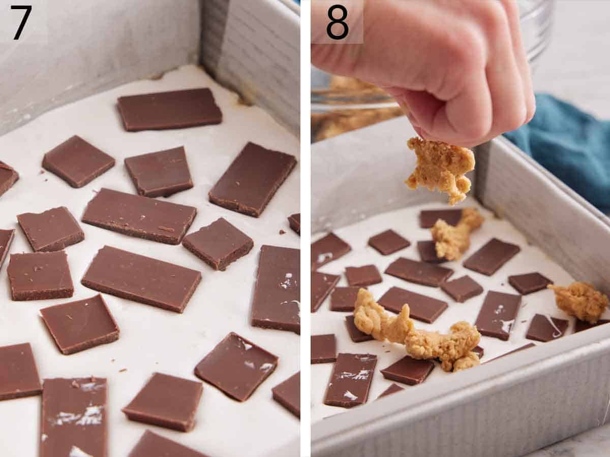 Set of two photos showing chocolate bars and crumbled dough added over marshmallow creme.