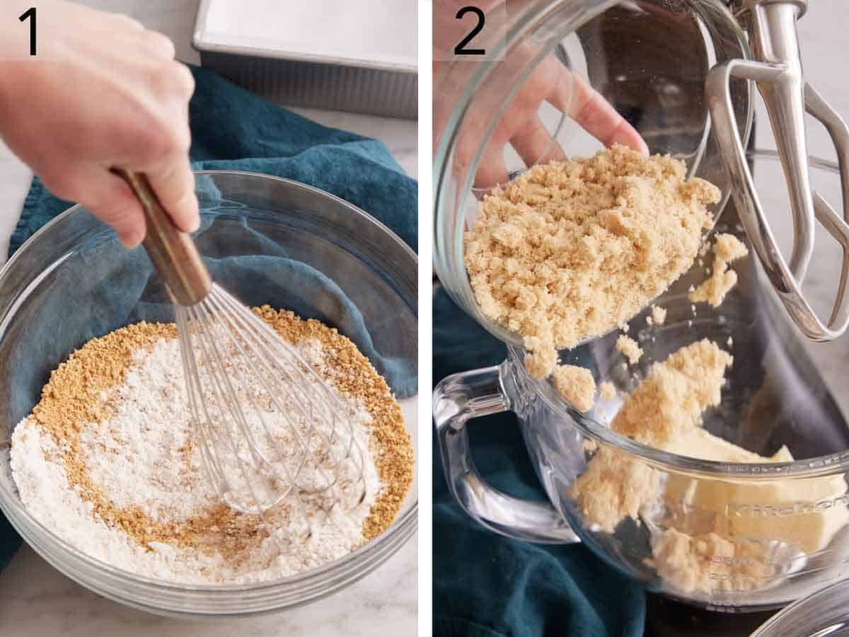 Set of two photos showing flour and graham cracker crumbs whisked together and brown sugar added to a mixer with butter.