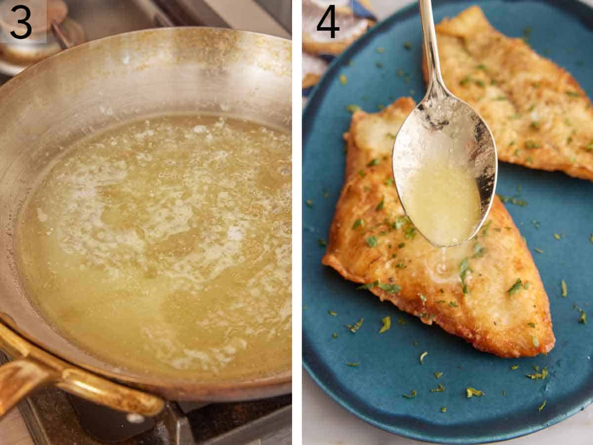 Set of two photos showing brown butter made in a skillet and spooned over the fried fish.