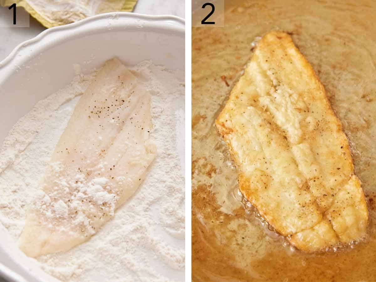 Set of two photos showing seasoned fillet coated in flour and then fried in oil.