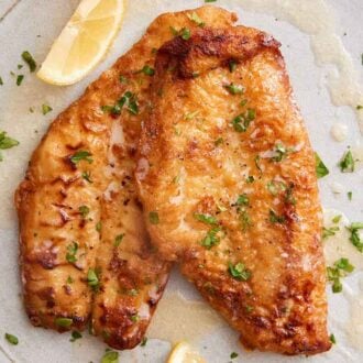 Overhead view of a plate of sole meunière with parsley and a lemon wedge.
