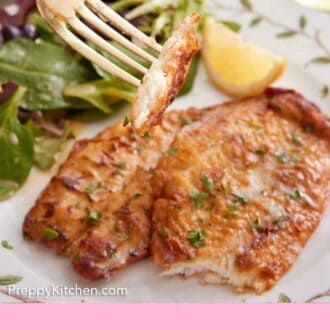 Pinterest graphic of a fork lifting up a bite of sole meunière from a plate.