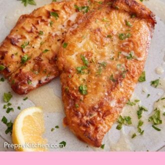 Pinterest graphic of a plate with sole meunière with lemon wedges and parsley as garnish.
