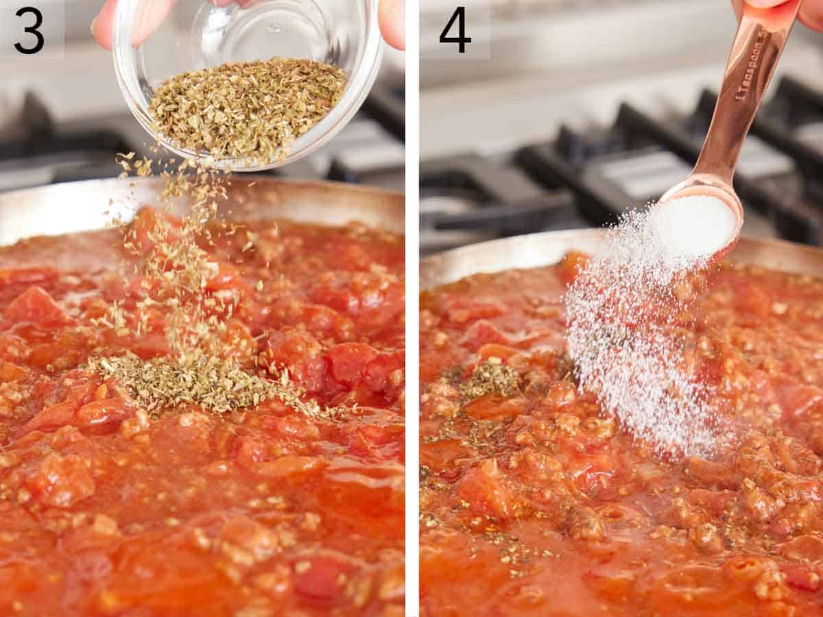 Set of two photos showing dried seasoning and sugar added to the skillet of cooking sauce.