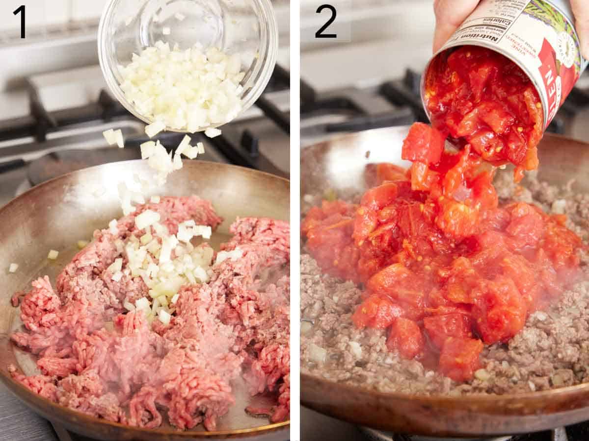 Set of two photos showing diced onions added to a skillet of meat and then diced tomatoes poured on top.