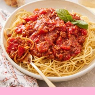 Pinterest graphic of a bowl of noodles with spaghetti sauce on top and a fork tucked in.