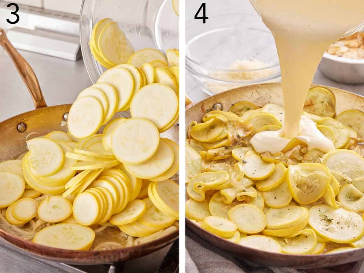 Set of two photos showing sliced squash added to a skillet and sauce poured on top.