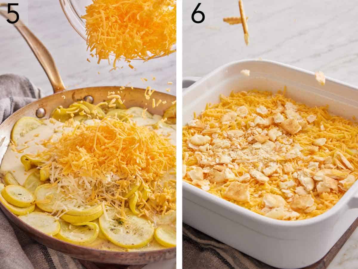 Set of two photos showing shredded cheese added to a skillet and transferred to a baking dish topped with butter crackers.