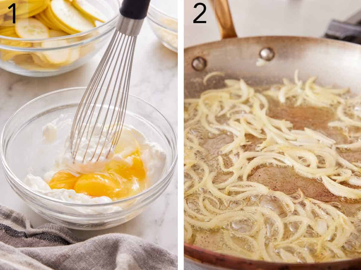 Set of two photos showing egg mixture whisked and onions cooked in a skillet.