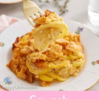 Pinterest graphic of a forkful of squash casserole lifted from a plate.