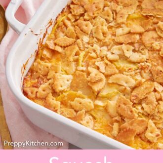 Pinterest graphic of a close view of a white baking dish containing squash casserole.