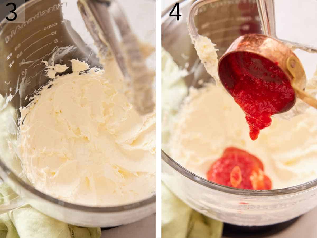 Set of two photos showing butter creamed and puree poured in.