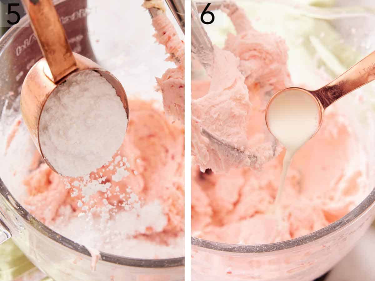 Set of two photos showing powdered sugar and heavy cream added to the mixture in the mixing bowl.