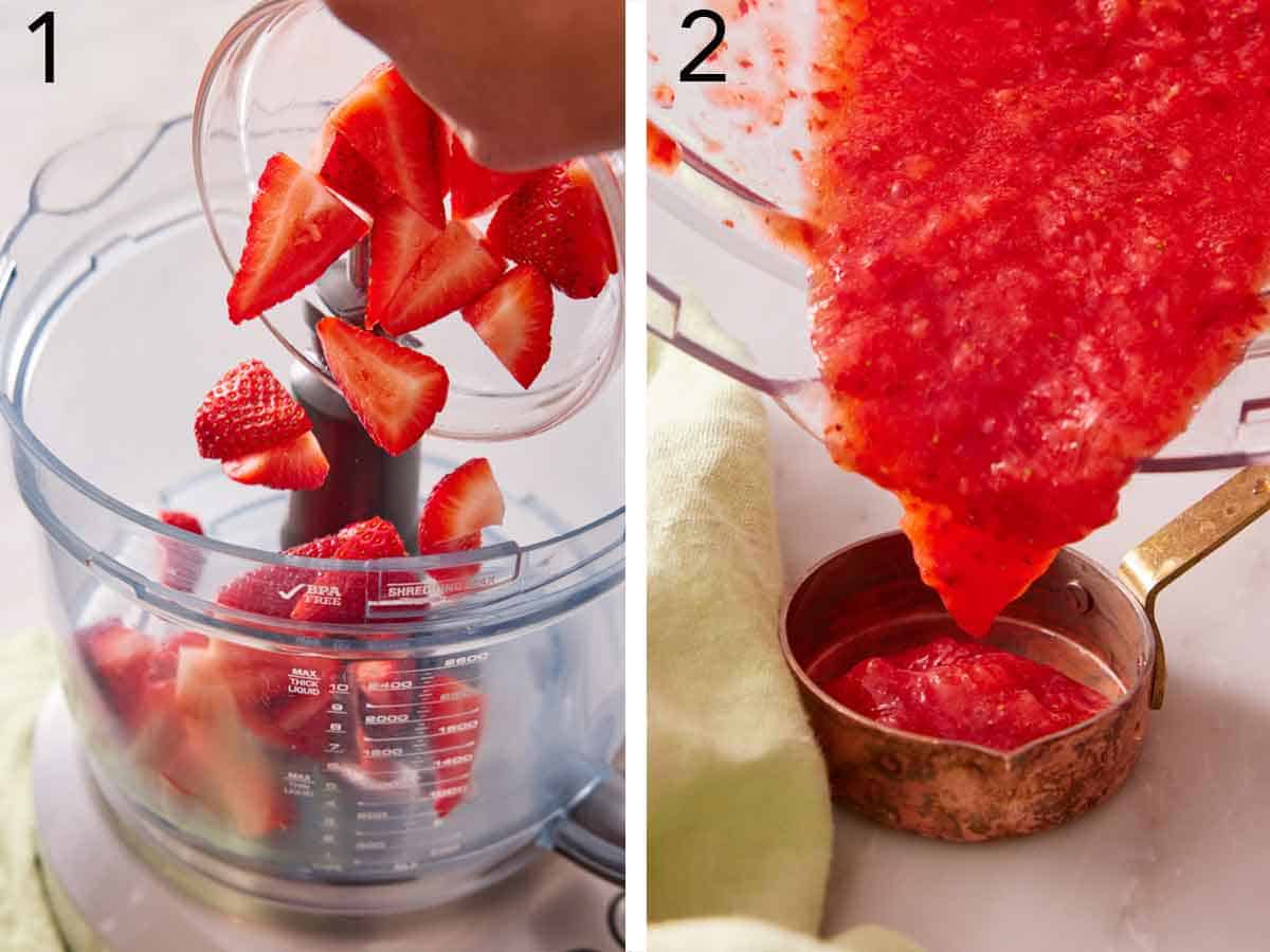 Set of two photos showing chopped strawberries added to a food processor and puree poured into a measuring cup.