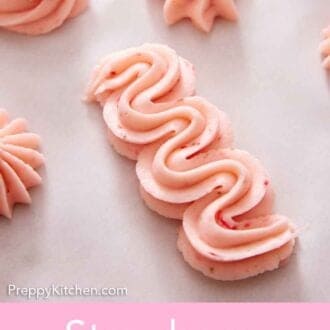 Pinterest graphic of strawberry frosting piped in different shapes on a flat surface.