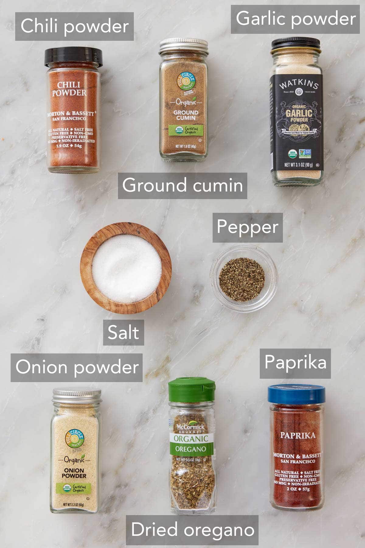 Ingredients needed to make taco seasoning.