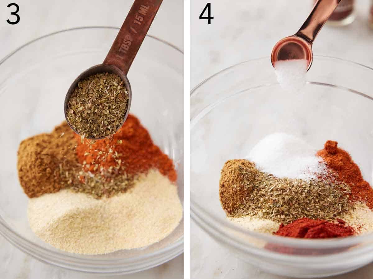 Set of two photos showing dried oregano and salt added to a bowl.