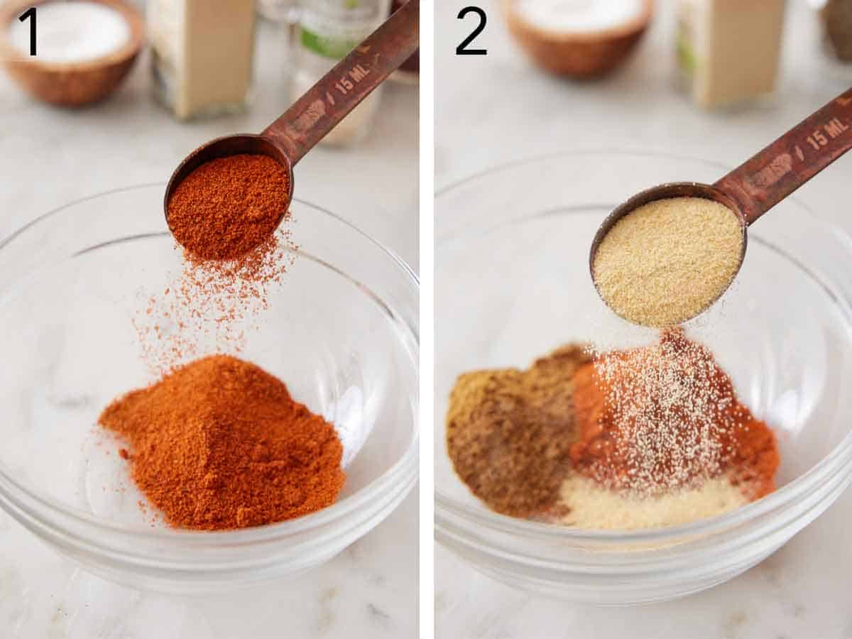 Set of two photos showing dried seasoning spooned into a bowl.