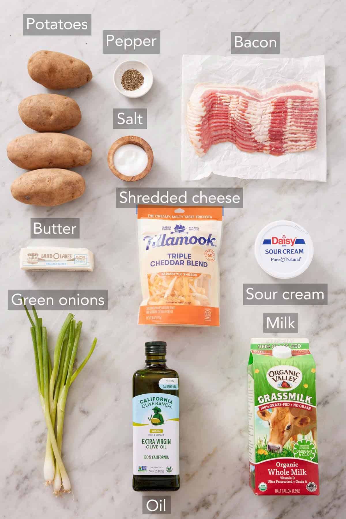 Ingredients needed to make twice-baked potatoes.