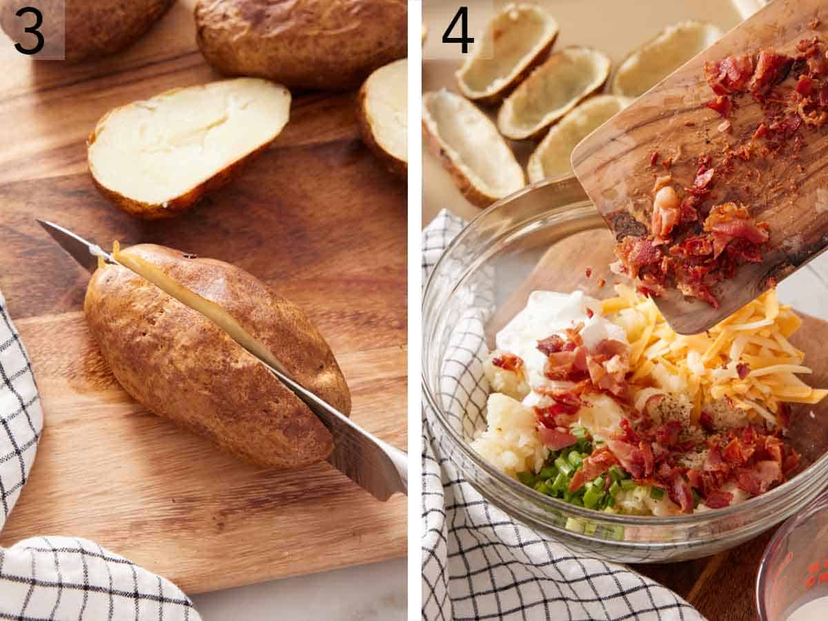 Set of two photos showing a potato cut in half and filling added to a bowl.