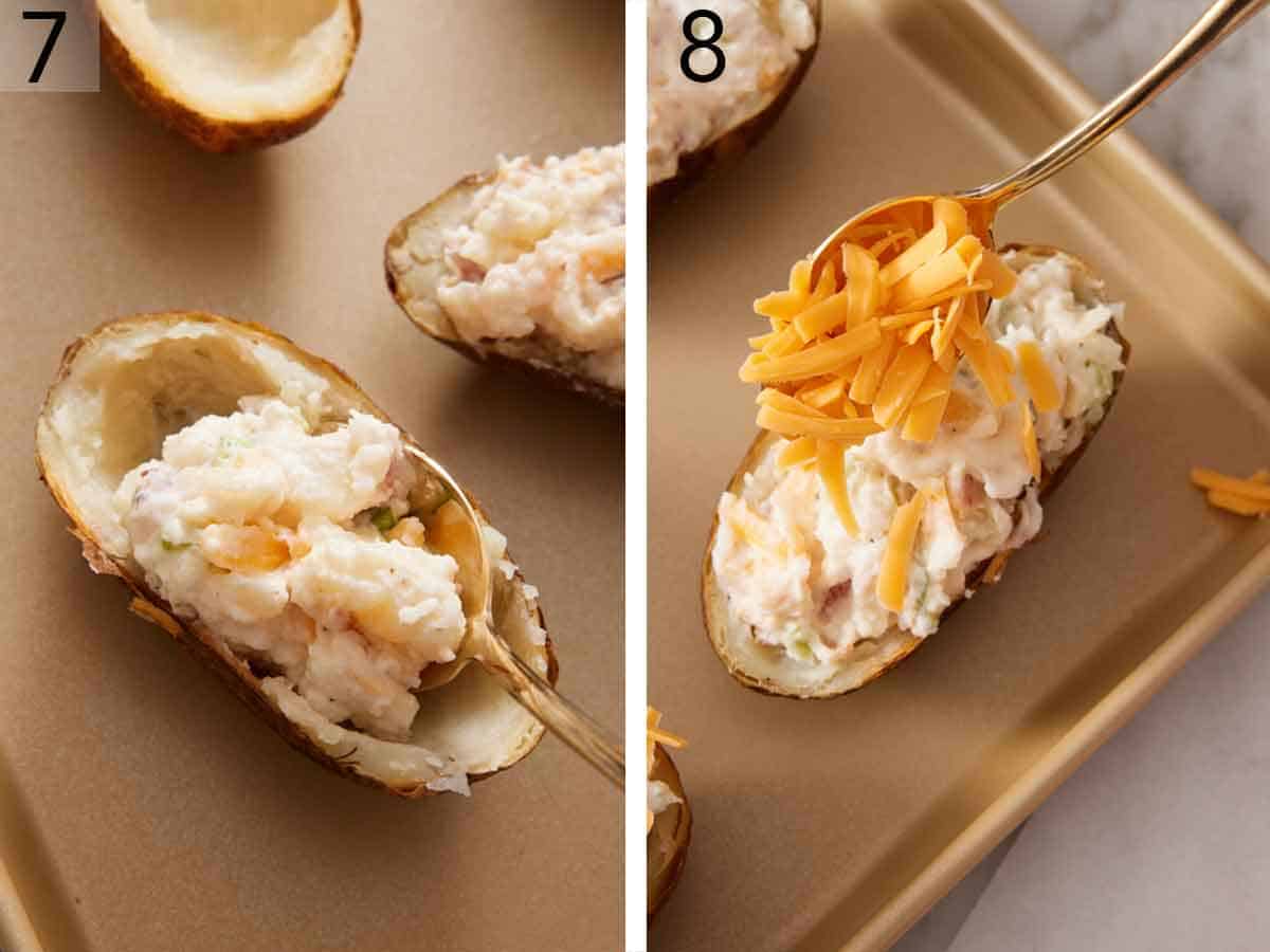 Set of two photos showing filling added to the skins and topped with cheese.
