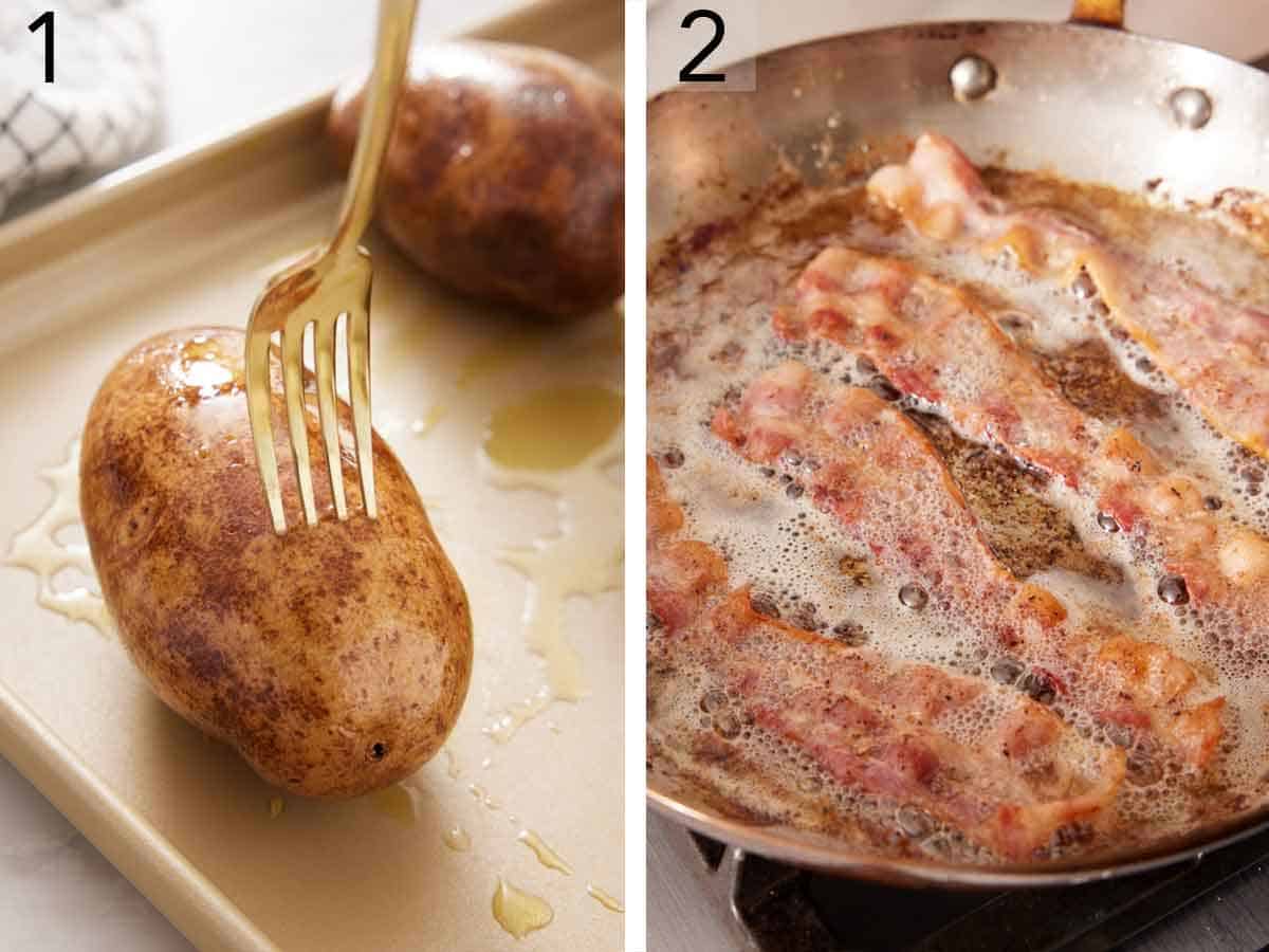 Set of two photos showing a potato pricked with a fork and bacon cooked in a skillet.