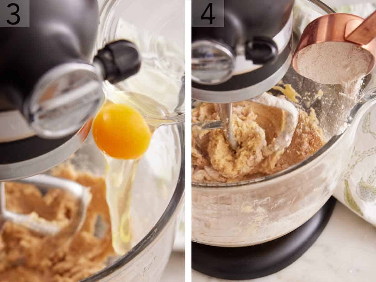 Set of two photos showing an egg and flour mixture added to a running mixer.