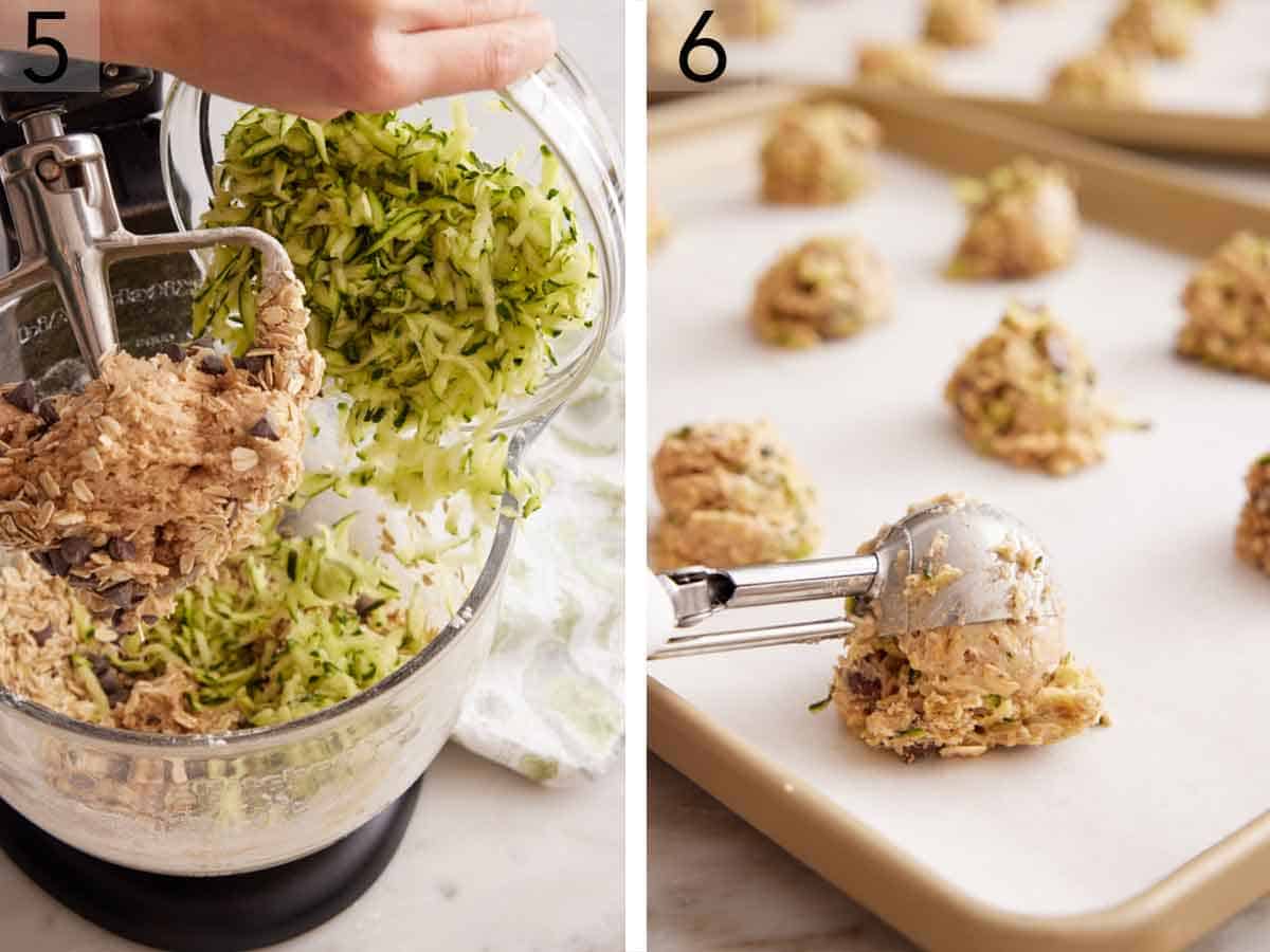 Set of two photos showing zucchini added to a mixer and the cookie dough scooped into a sheet pan.