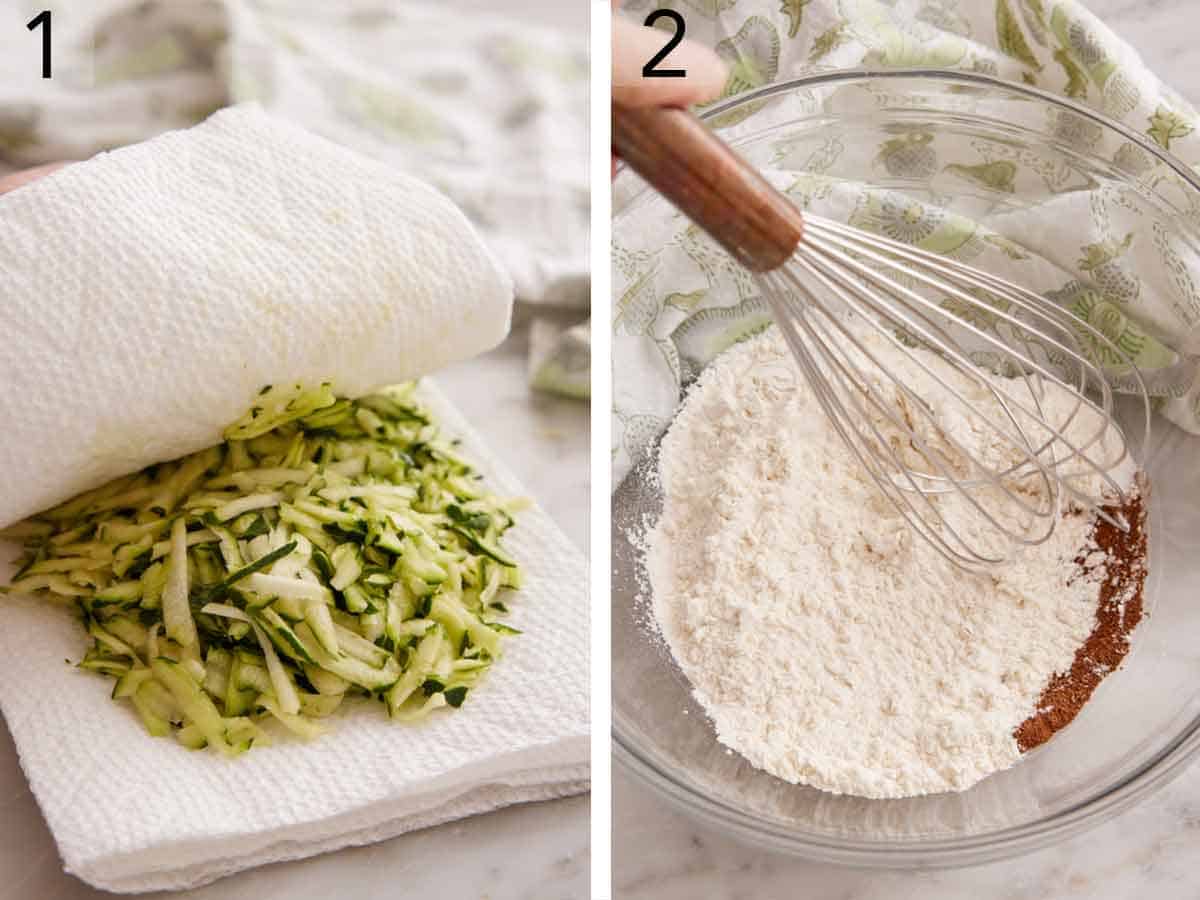 Set of two photos showing shredded zucchini dried between paper towels and dry ingredients whisked in a bowl.