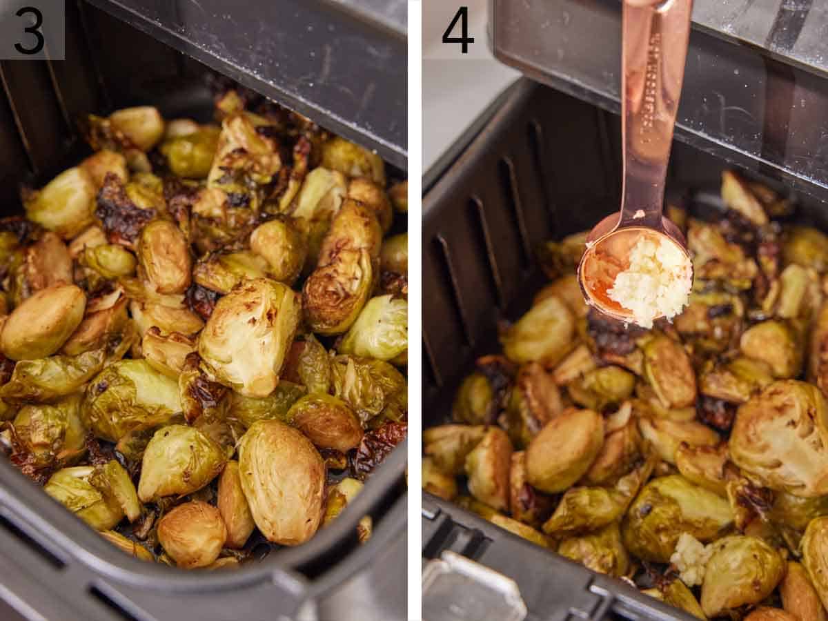 Set of two photos showing the Brussels sprouts in the air fryer and garlic added.
