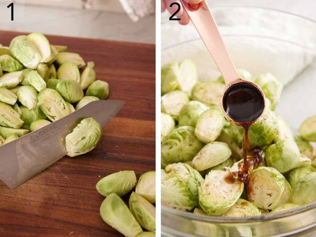 Set of two photos showing Brussels sprouts cut in half and balsamic vinegar poured on top.