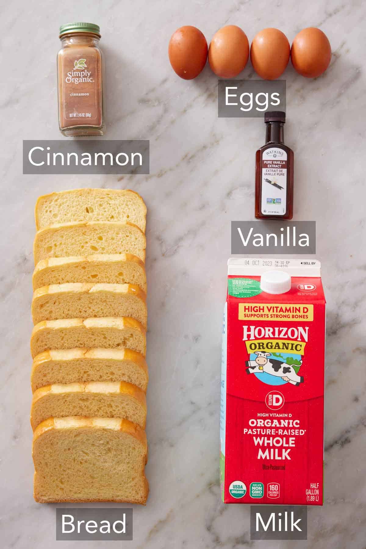 Ingredients needed to make air fryer french toast.