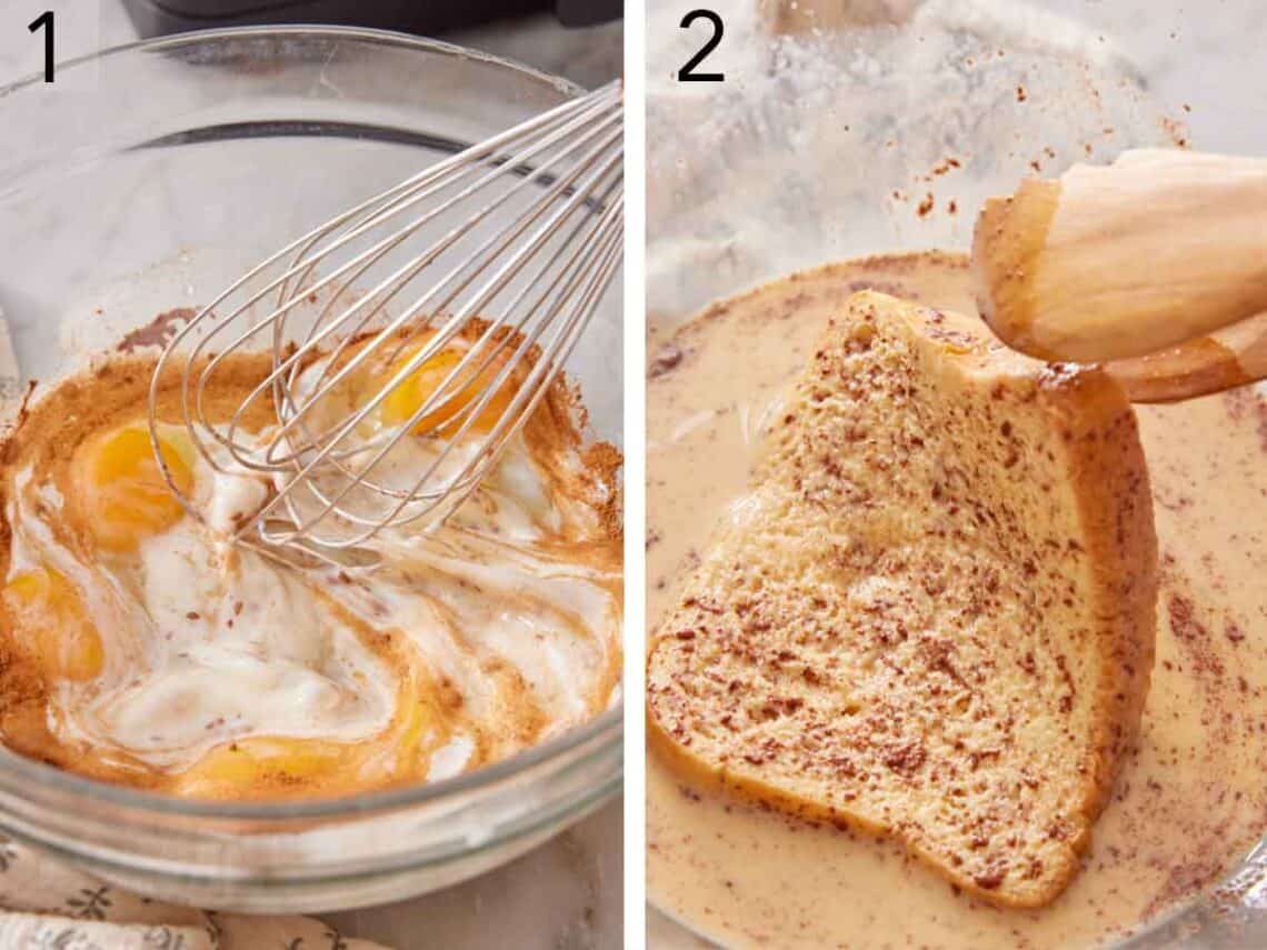 Set of two photos showing wet ingredients whisked and bread dipped into it.