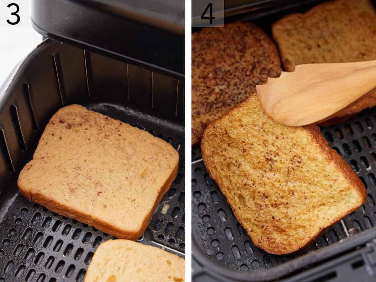 Set of two photos showing soaked bread added to the air fryer and then flipped.
